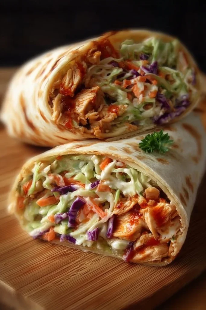 BBQ Chicken Coleslaw Wraps with fresh ingredients on a plate