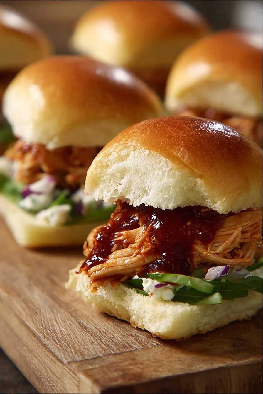 BBQ Chicken Sliders 2 Delicious BBQ chicken sliders served on a platter with fresh toppings