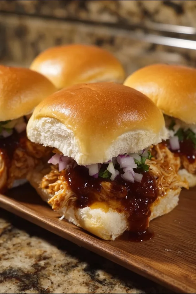 Delicious BBQ chicken sliders served on a platter with fresh toppings.