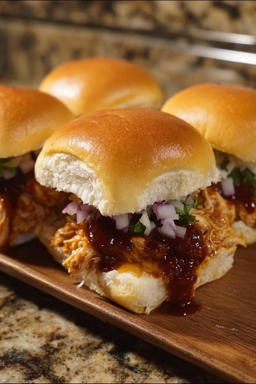 BBQ Chicken Sliders 2 Delicious BBQ chicken sliders served on a platter with fresh toppings.