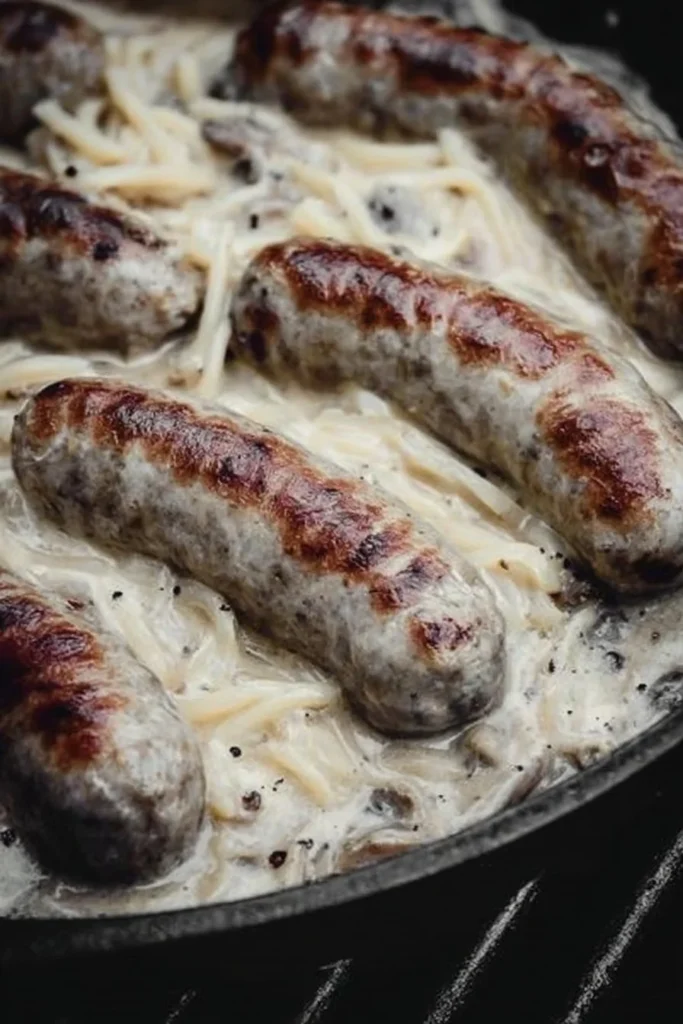 Grilled beer brats served with mustard and onions on a plate