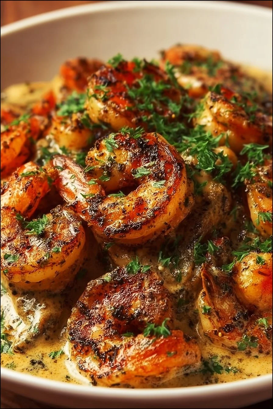 Blackened Shrimp Stroganoff 2 Blackened Shrimp Stroganoff served in a creamy sauce with pasta.