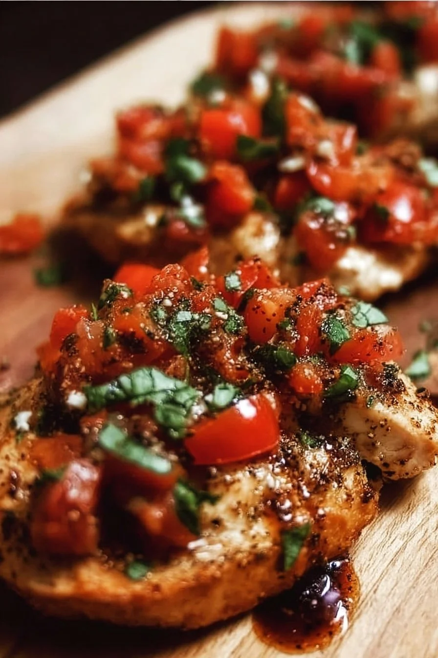 Delicious bruschetta chicken topped with fresh tomatoes and basil