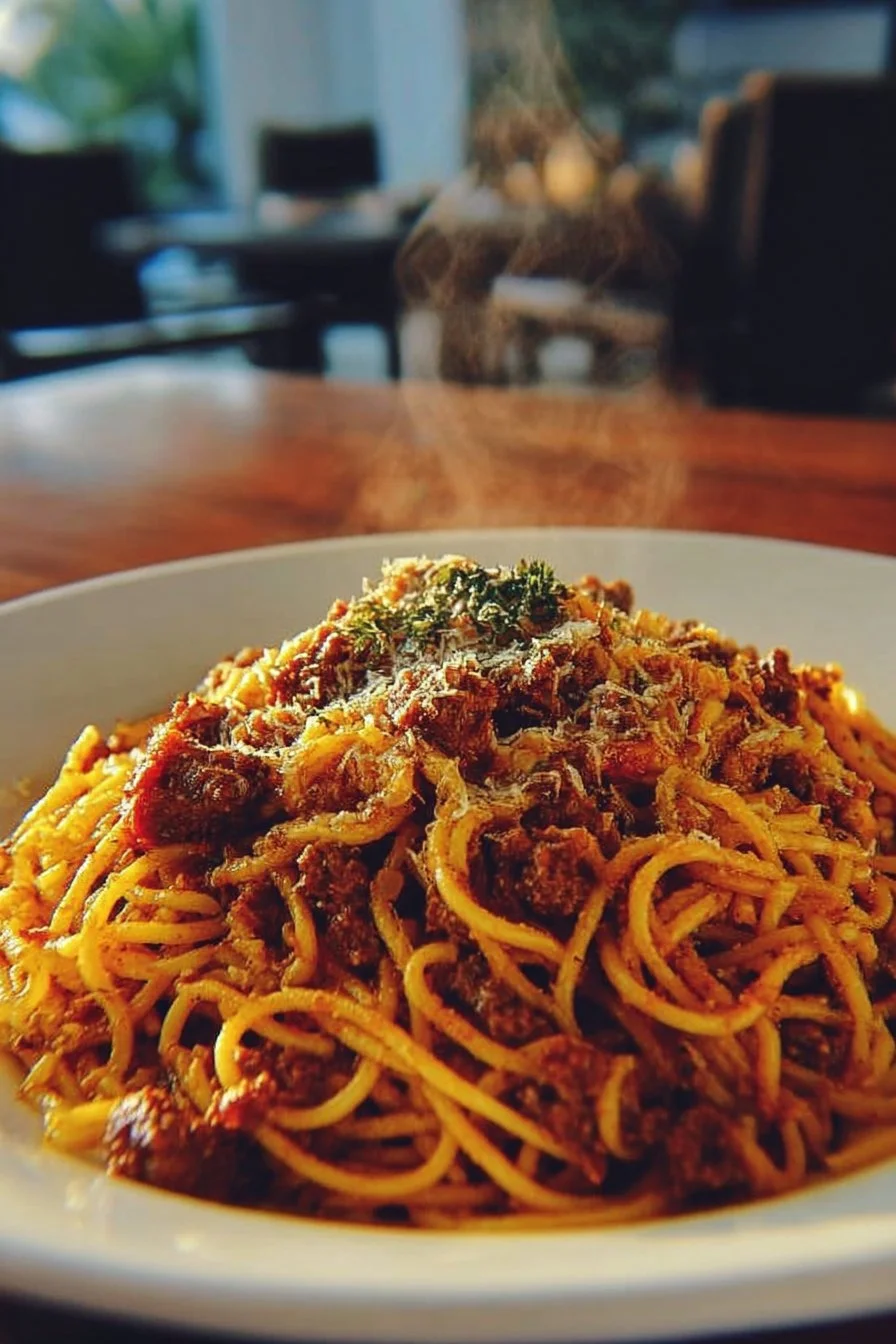 A hearty bowl of Cajun Beef Spaghetti topped with herbs and spices