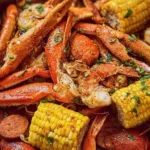 A delicious Cajun seafood boil featuring shrimp, crab, and spices.