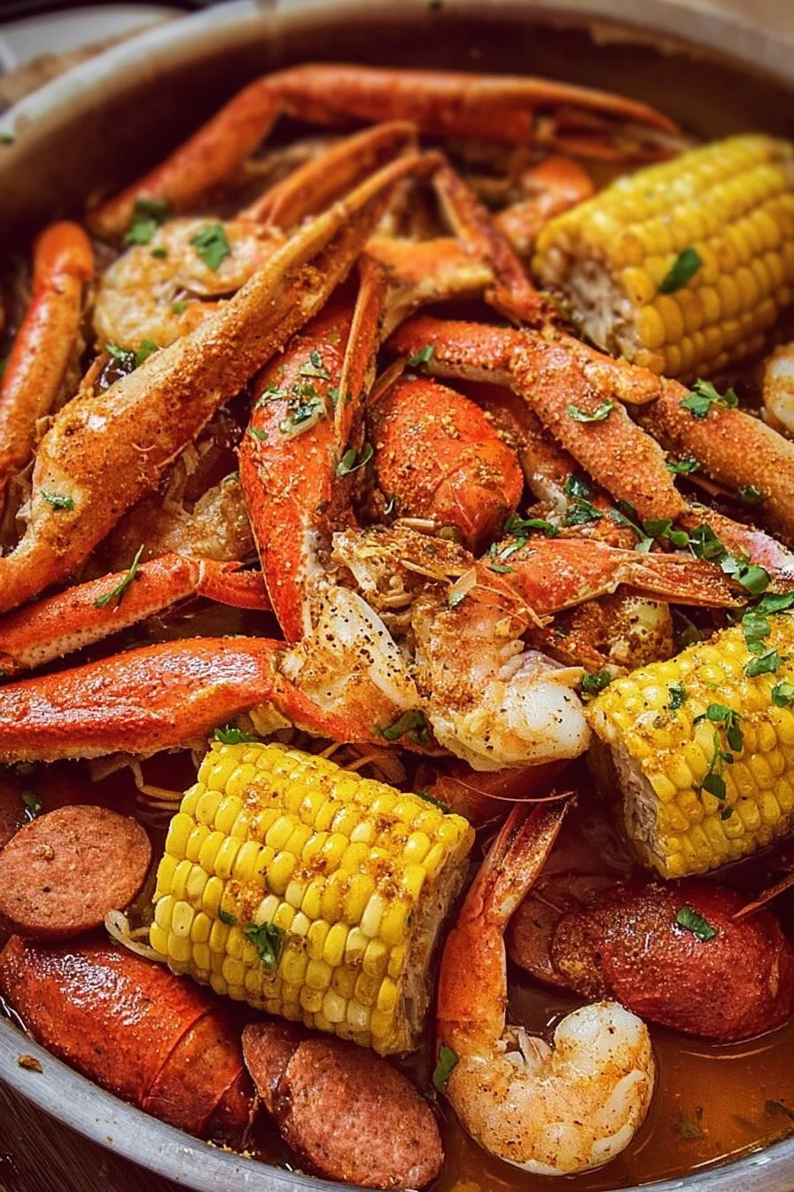 A delicious Cajun seafood boil featuring shrimp, crab, and spices.