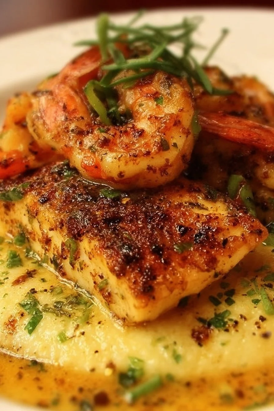 Cajun Shrimp and Red Snapper with Creamy Grits 2 Cajun shrimp and red snapper with creamy grits on a plate