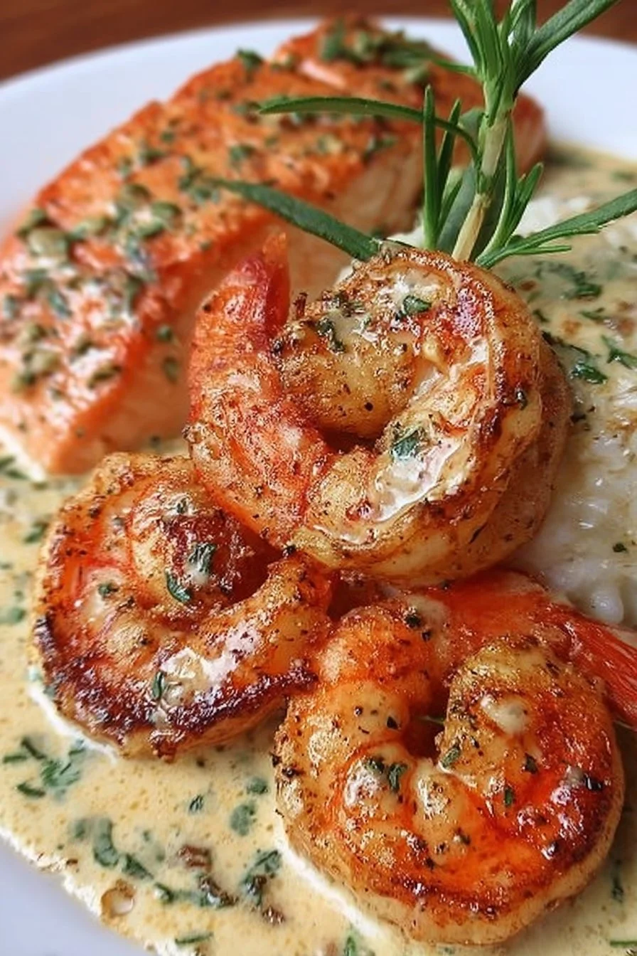 Cajun shrimp and salmon in garlic cream sauce served on a plate