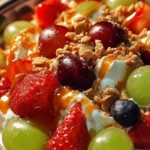 Caramel-topped crunch-studded cheesecake fruit salad in a bowl