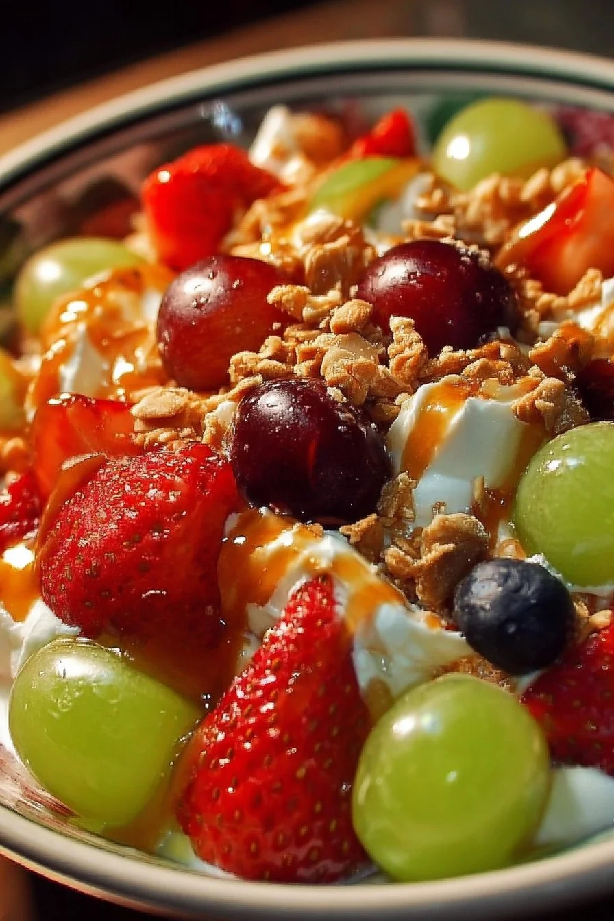 Caramel-topped crunch-studded cheesecake fruit salad in a bowl