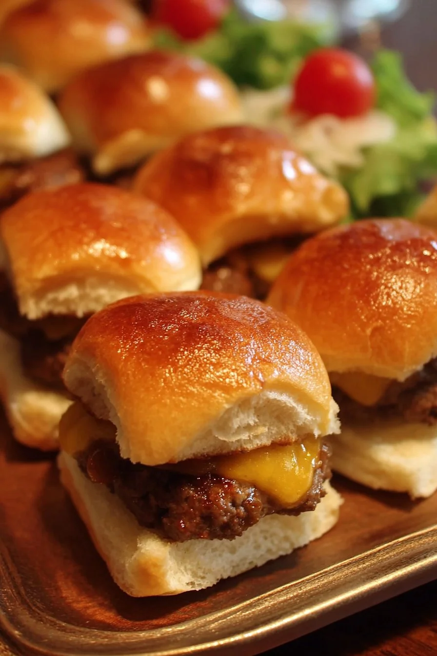 Delicious cheeseburger sliders stacked on a plate with toppings