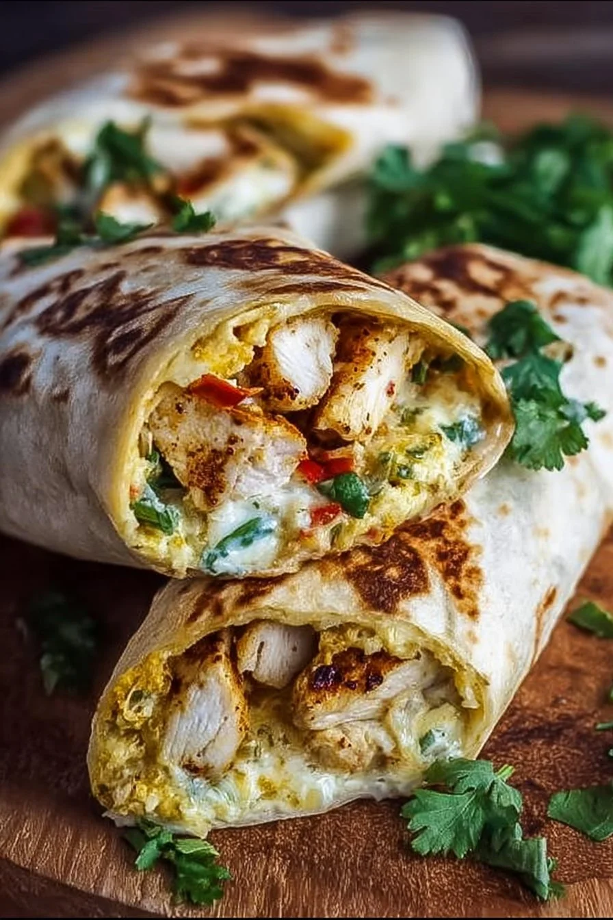 Cheesy garlic chicken wraps on a plate, ready to enjoy.