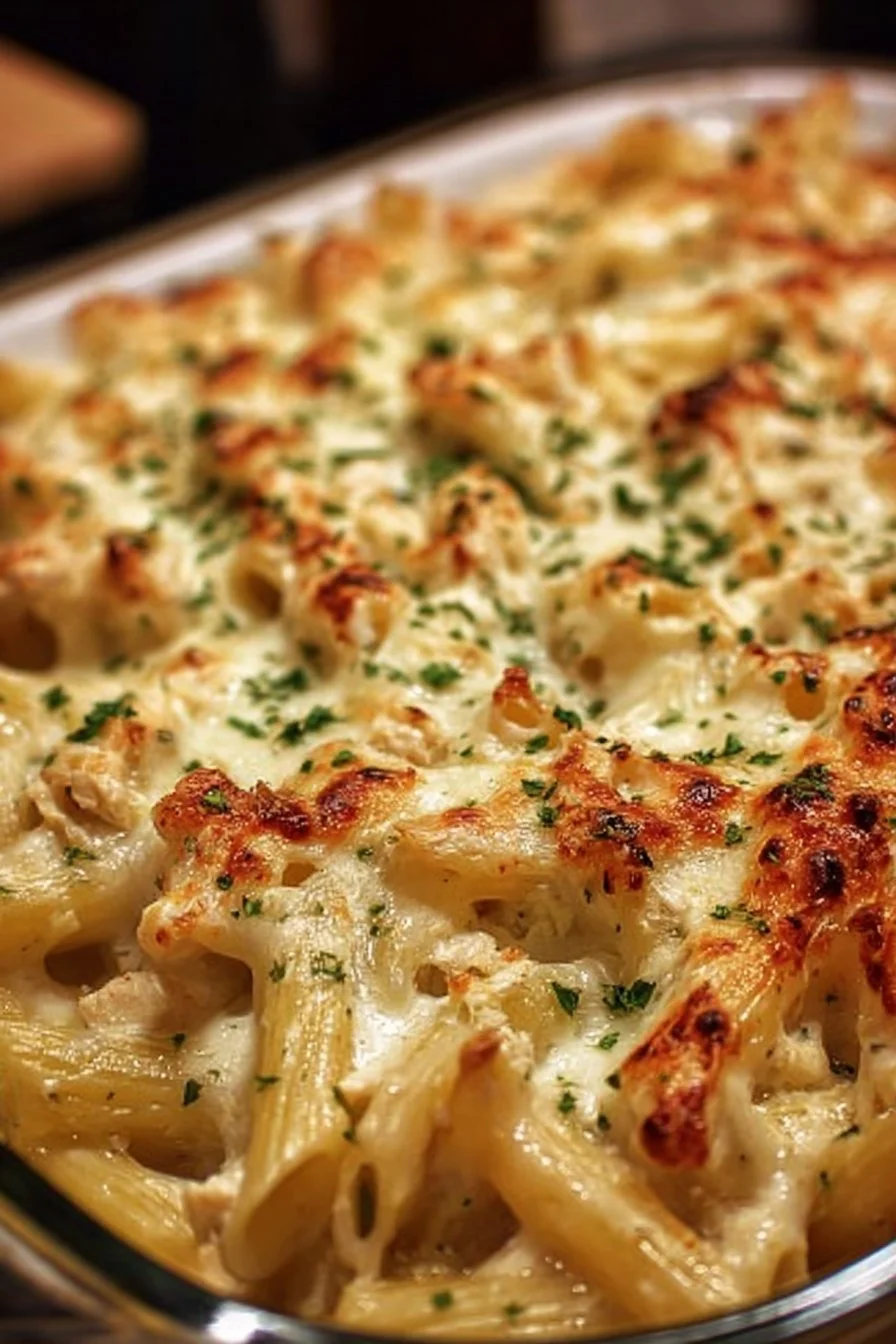 Delicious Chicken Alfredo Pasta Bake topped with melted cheese and herbs.