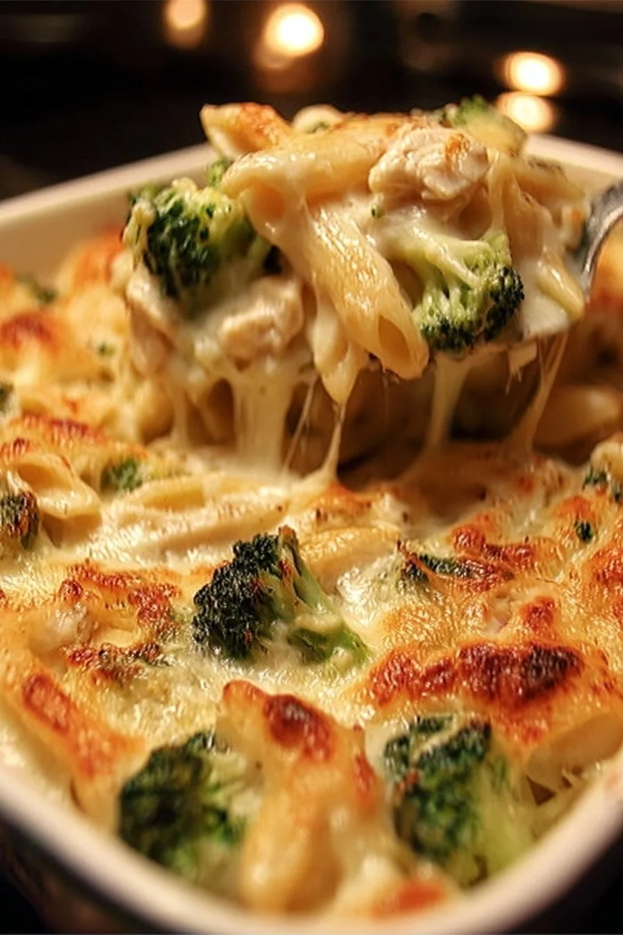 Creamy Chicken Alfredo Bake with broccoli, a comforting dish for dinner
