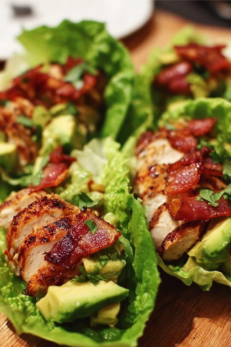 Chicken bacon avocado lettuce wraps on a plate with fresh ingredients