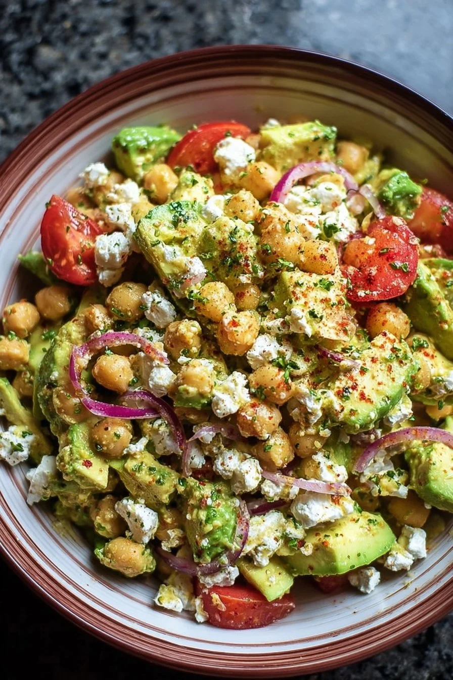 Chickpea Feta Avocado Salad with fresh ingredients in a bowl