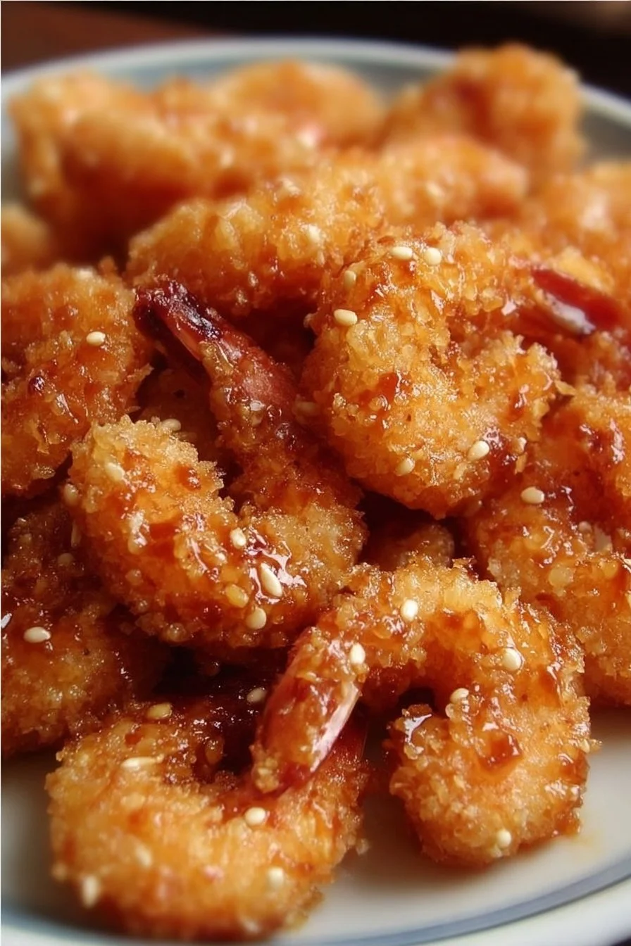 Chinese Coconut Shrimp 2 Plate of crispy Chinese coconut shrimp garnished with fresh herbs