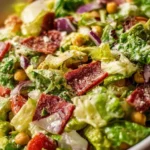 Chopped salad featuring salami and chickpeas on a plate.