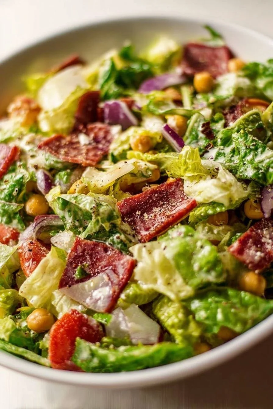 Chopped salad featuring salami and chickpeas on a plate.