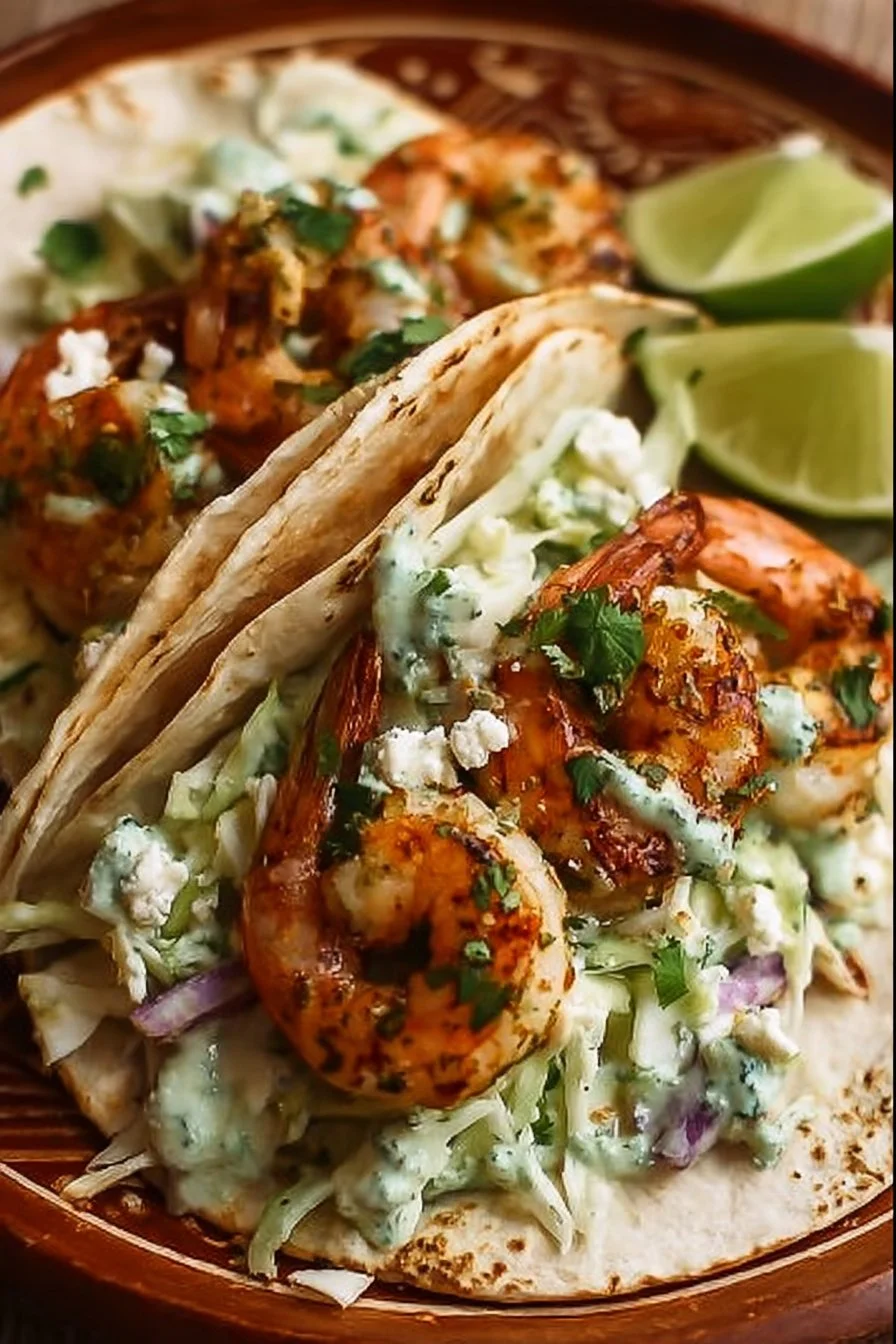 Cilantro lime shrimp tacos with creamy slaw on a plate