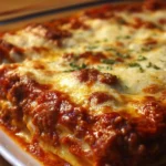 Delicious classic beef and Italian sausage lasagna served on a white plate