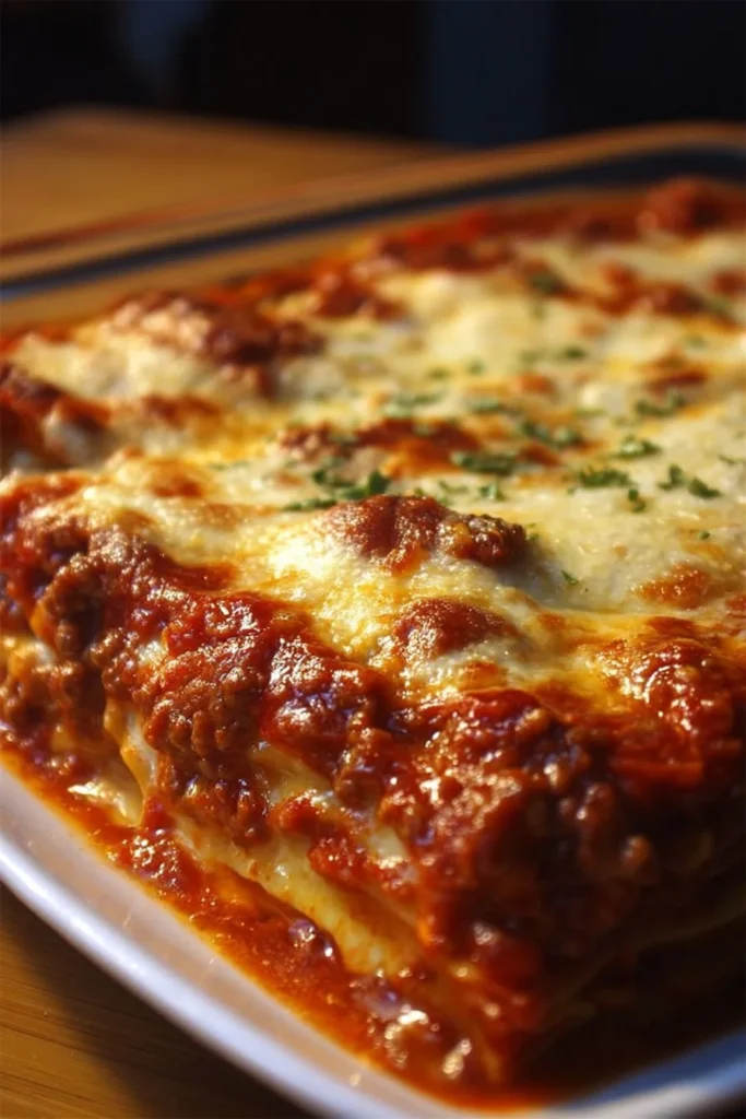Delicious classic beef and Italian sausage lasagna served on a white plate
