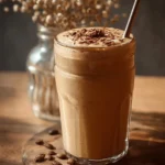 Delicious coffee breakfast smoothie in a glass with coffee beans and banana