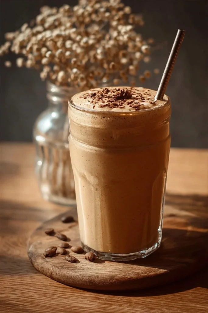 Delicious coffee breakfast smoothie in a glass with coffee beans and banana