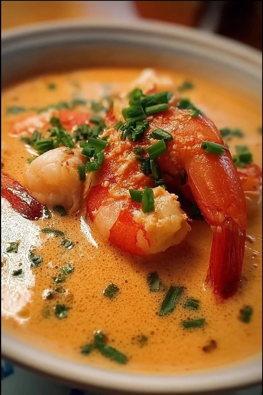 Crab and Shrimp Seafood Bisque 2 Delicious crab and shrimp seafood bisque in a bowl, garnished with herbs.
