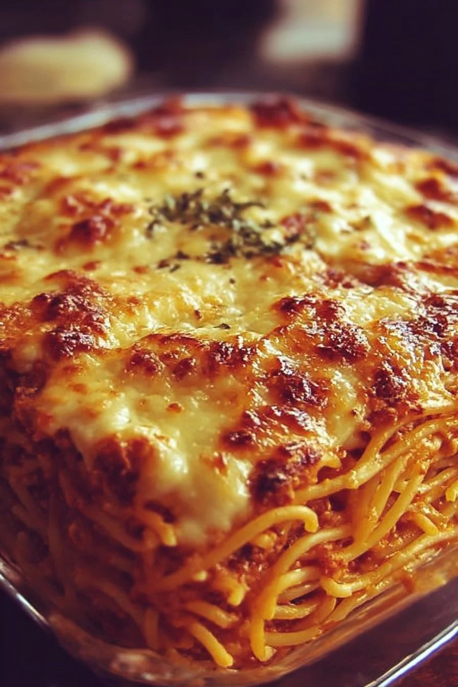 Delicious cream cheese spaghetti casserole baked to perfection