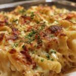 Creamy bacon-stuffed pasta bake topped with cheese and herbs