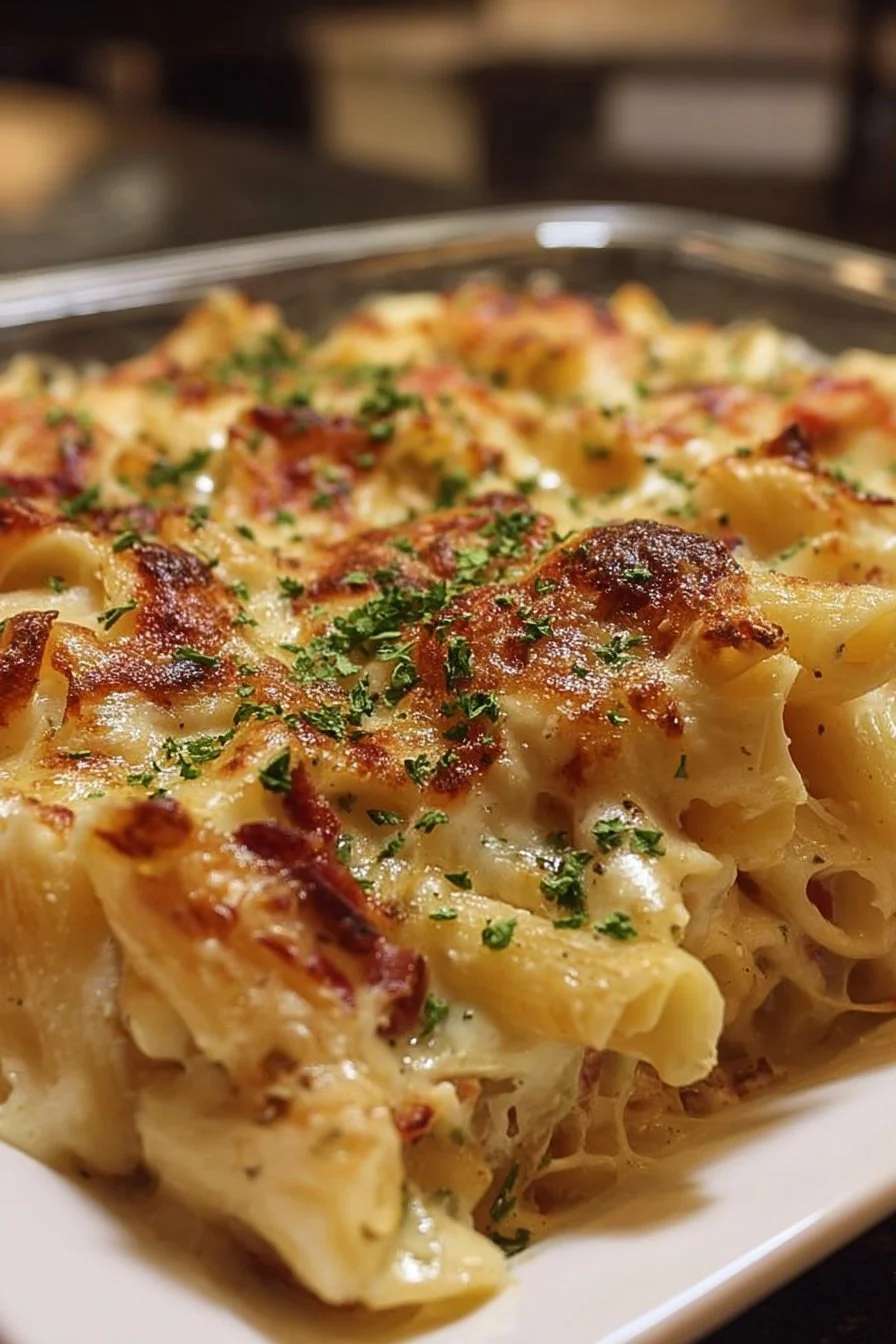 Creamy bacon-stuffed pasta bake topped with cheese and herbs