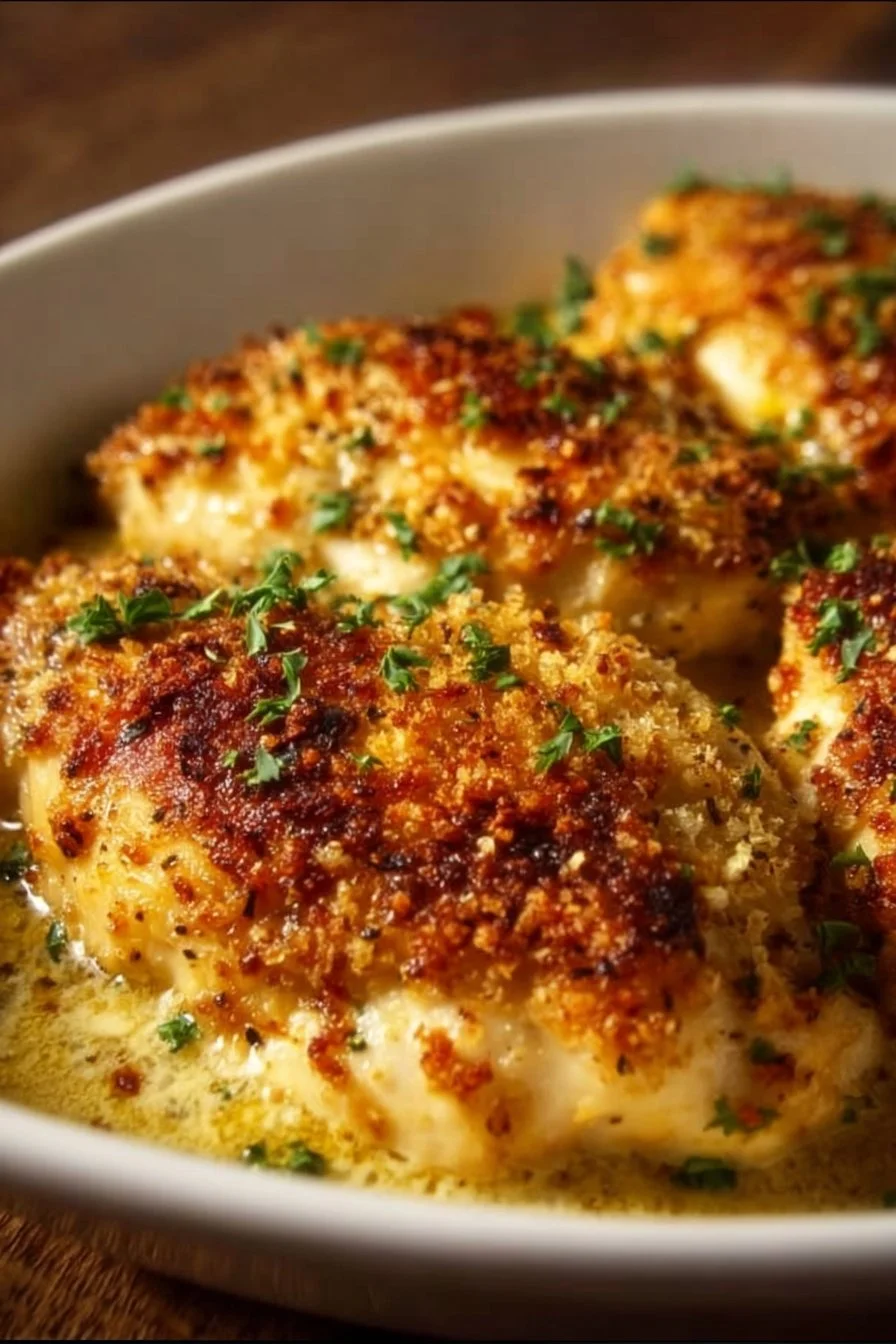 Creamy Baked Chicken with Parmesan Crust 2 Creamy baked chicken with a crispy Parmesan crust on a plate
