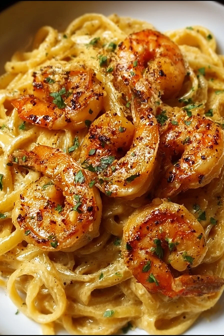 Plate of creamy Cajun shrimp pasta garnished with parsley and spices