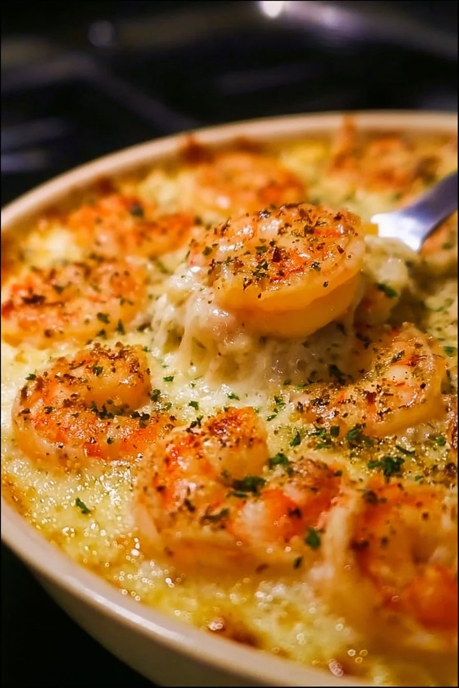 Creamy Cheesy Shrimp Casserole 2 Creamy cheesy shrimp casserole served in a baking dish.