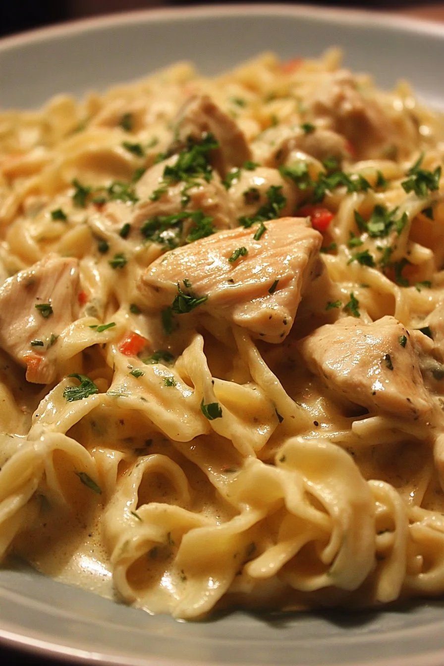 Creamy chicken and noodles dish garnished with herbs and served in a bowl.