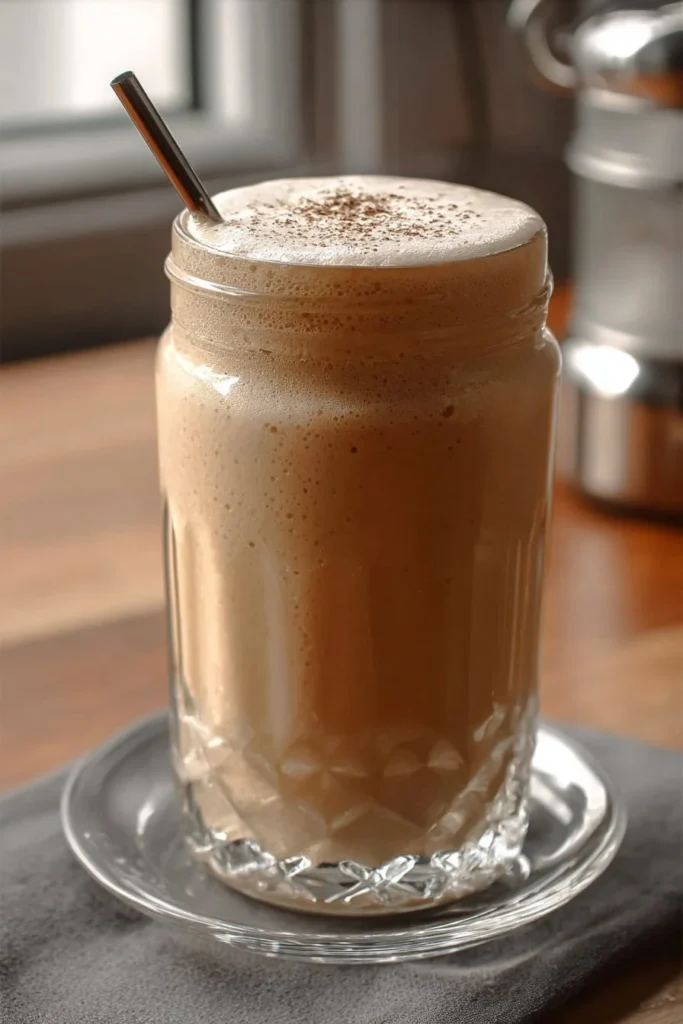 Delicious creamy coffee smoothie in a glass with a straw