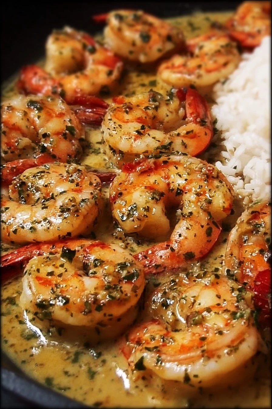 Creamy Garlic Butter Shrimp 2 Plate of creamy garlic butter shrimp garnished with herbs and lemon slices
