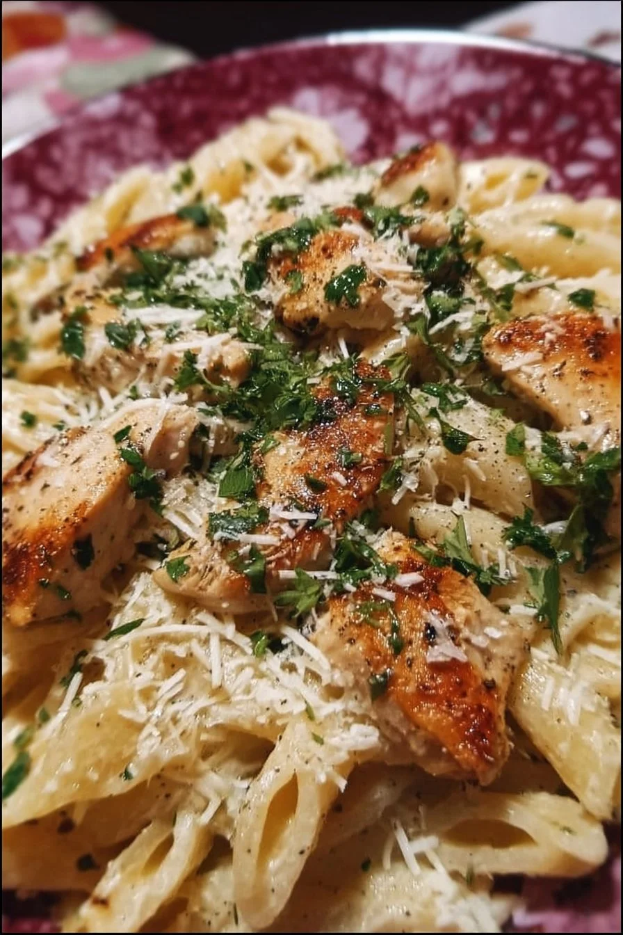 A plate of creamy garlic parmesan chicken pasta garnished with parsley.