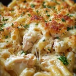 Creamy garlic parmesan chicken pasta bake served in a dish