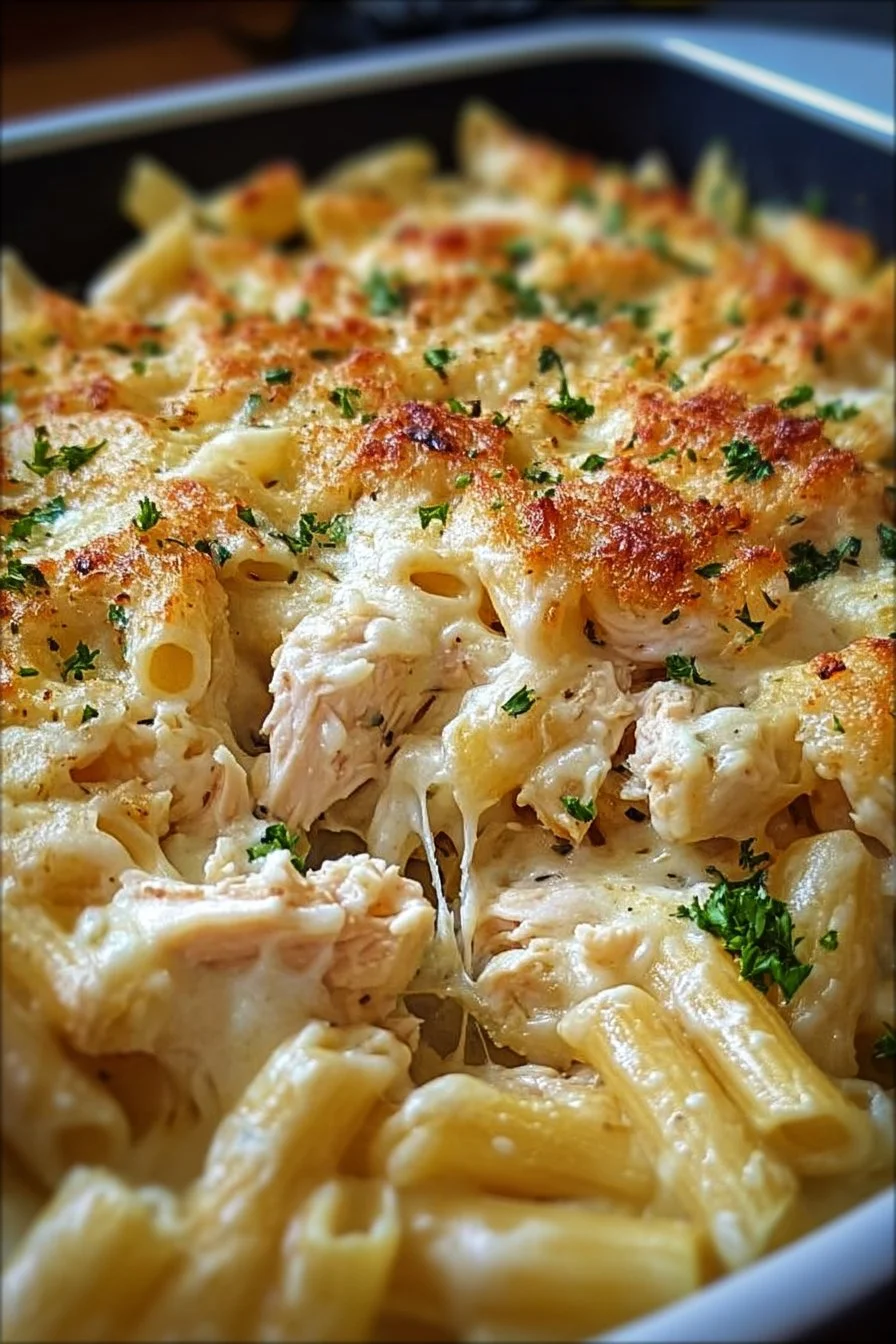 Creamy garlic parmesan chicken pasta bake served in a dish