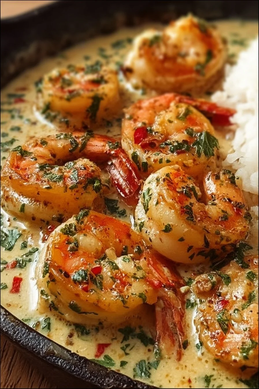 Creamy Garlic Shrimp 2 Delicious creamy garlic shrimp served with a garnish on a white plate.