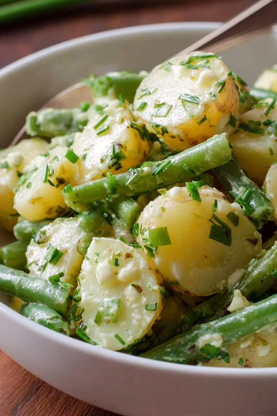 Creamy green bean potato salad in a bowl garnished with herbs.