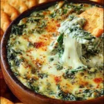 Creamy hot spinach dip served in a bowl with crisp tortilla chips