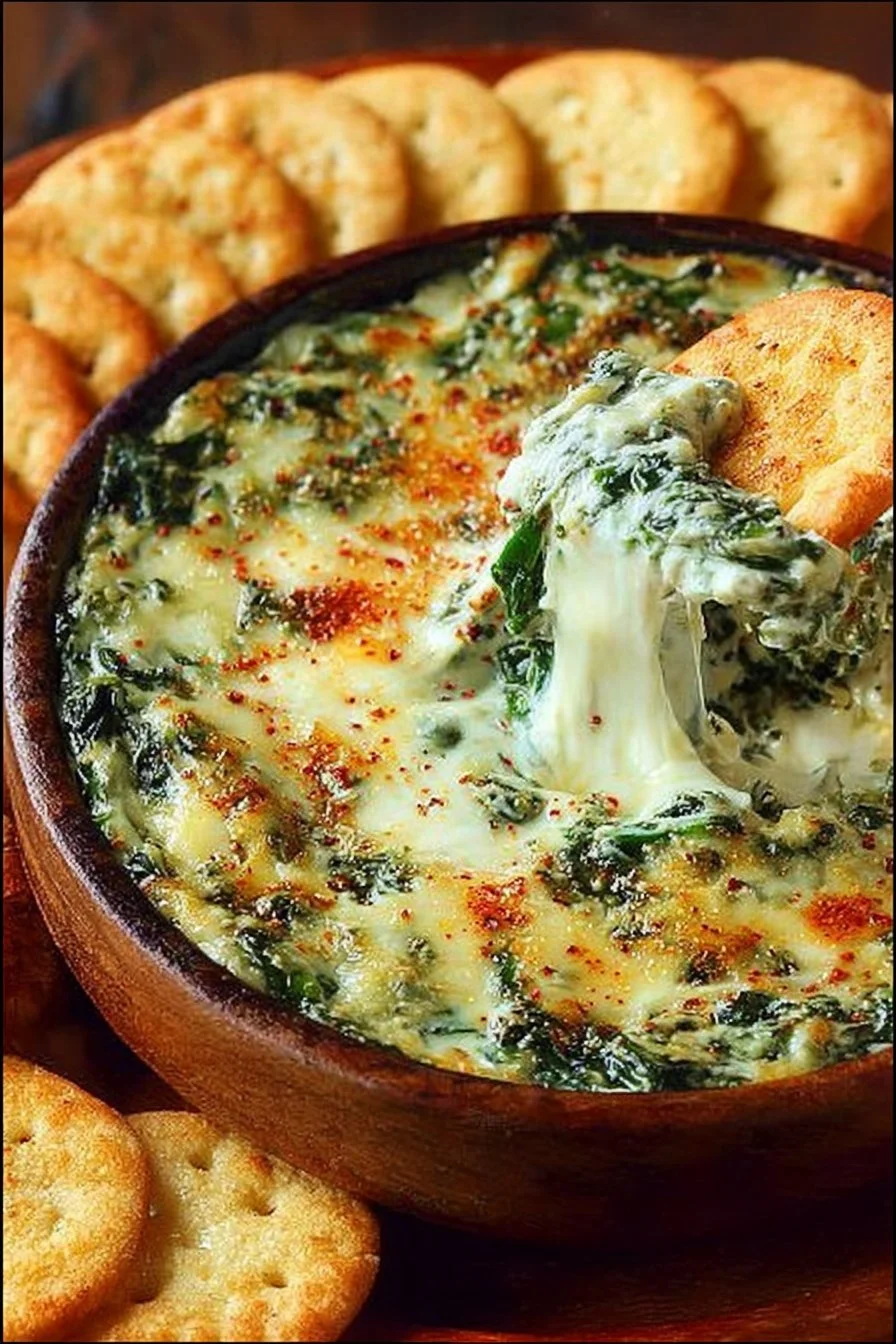 Creamy hot spinach dip served in a bowl with crisp tortilla chips