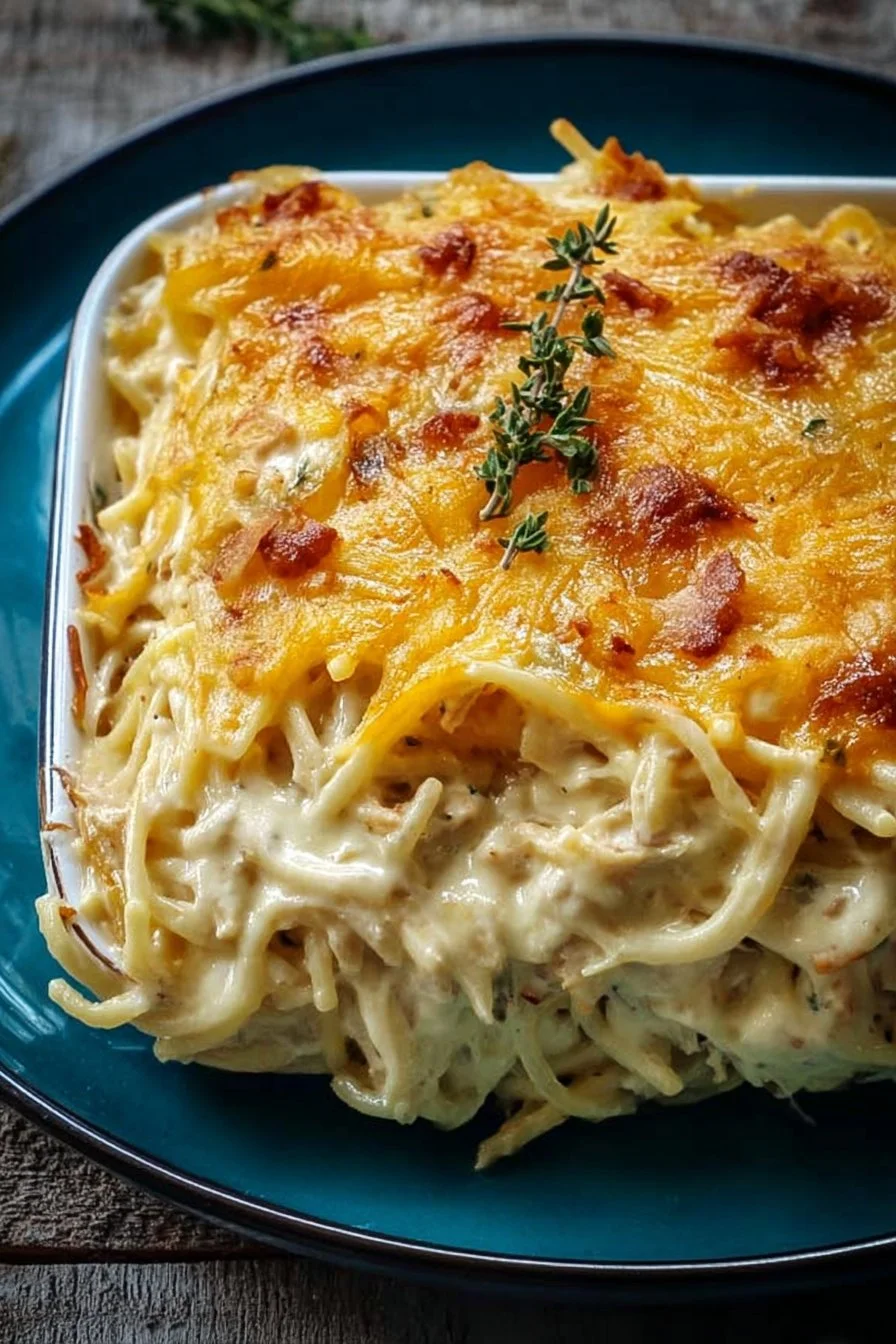 Creamy Southern spaghetti bake with cheese and marinara sauce