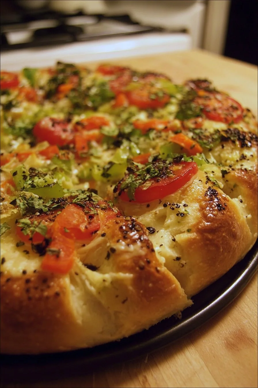 Crescent Roll Veggie Pizza topped with colorful vegetables and cheese