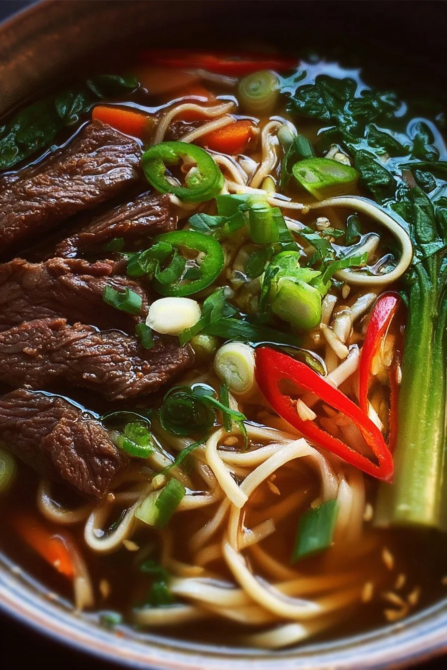 Crockpot Asian Beef Noodle Soup 2 Bowl of Crockpot Asian Beef Noodle Soup garnished with scallions and herbs