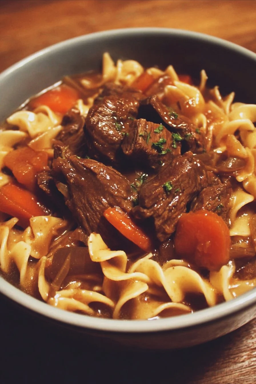 Crockpot Beef and Noodles 2 Delicious crockpot beef and noodles in a bowl, perfect for easy dinners