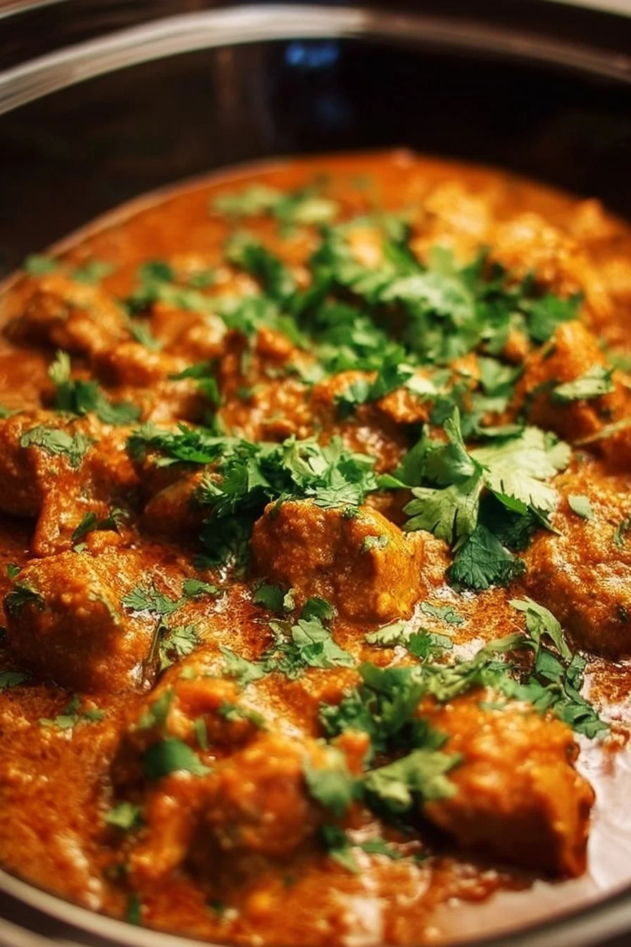 Crockpot Butter Chicken 2 Crockpot Butter Chicken served in a bowl with rice and herbs